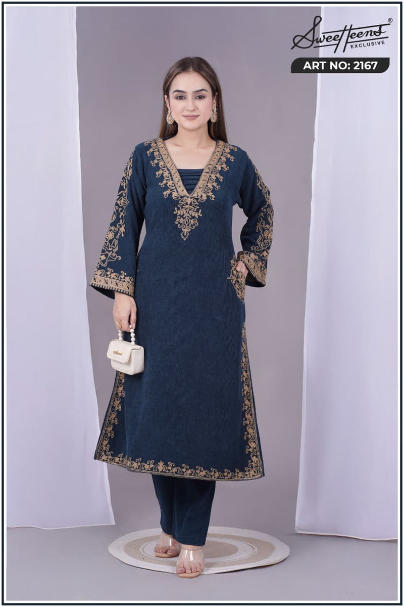 Elegant navy blue embroidered kurti from Sweetteens Exclusive featuring intricate golden thread work on neckline and sleeves — a perfect blend of grace and style for festive and party wear.”2167 swt