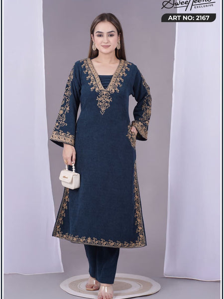 Elegant navy blue embroidered kurti from Sweetteens Exclusive featuring intricate golden thread work on neckline and sleeves — a perfect blend of grace and style for festive and party wear.”2167 swt