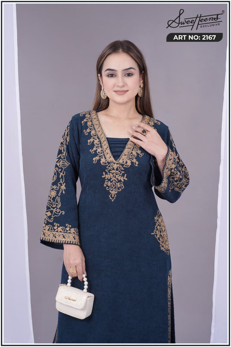 Elegant navy blue embroidered kurti from Sweetteens Exclusive featuring intricate golden thread work on neckline and sleeves — a perfect blend of grace and style for festive and party wear.”2167 swt