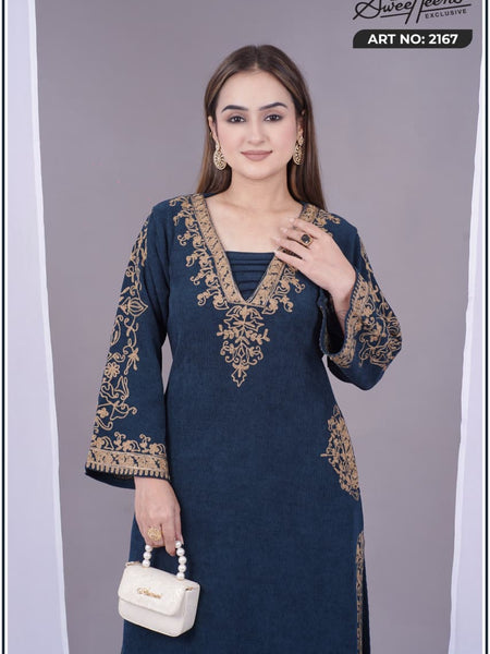 Elegant navy blue embroidered kurti from Sweetteens Exclusive featuring intricate golden thread work on neckline and sleeves — a perfect blend of grace and style for festive and party wear.”2167 swt
