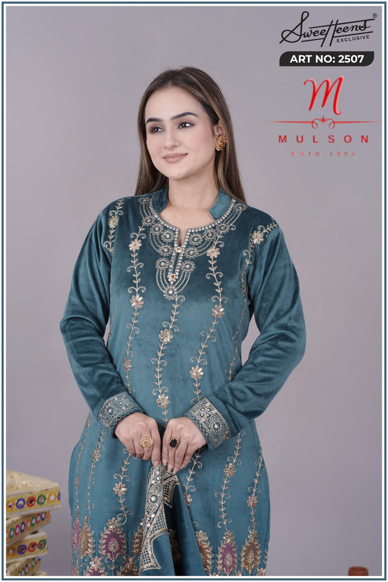 Graceful embroidered velvet suit from Sweetteens Exclusive by Mulson — featuring intricate thread and zari work on kurta, dupatta, and pants, perfect for festive and wedding occasions.”