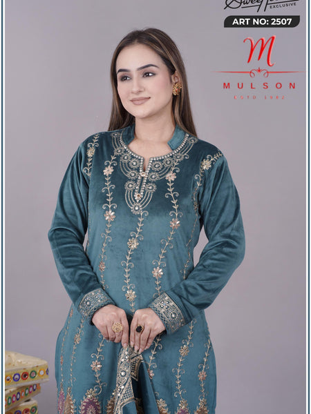 Graceful embroidered velvet suit from Sweetteens Exclusive by Mulson — featuring intricate thread and zari work on kurta, dupatta, and pants, perfect for festive and wedding occasions.”