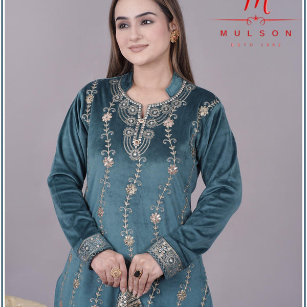 Graceful embroidered velvet suit from Sweetteens Exclusive by Mulson — featuring intricate thread and zari work on kurta, dupatta, and pants, perfect for festive and wedding occasions.”