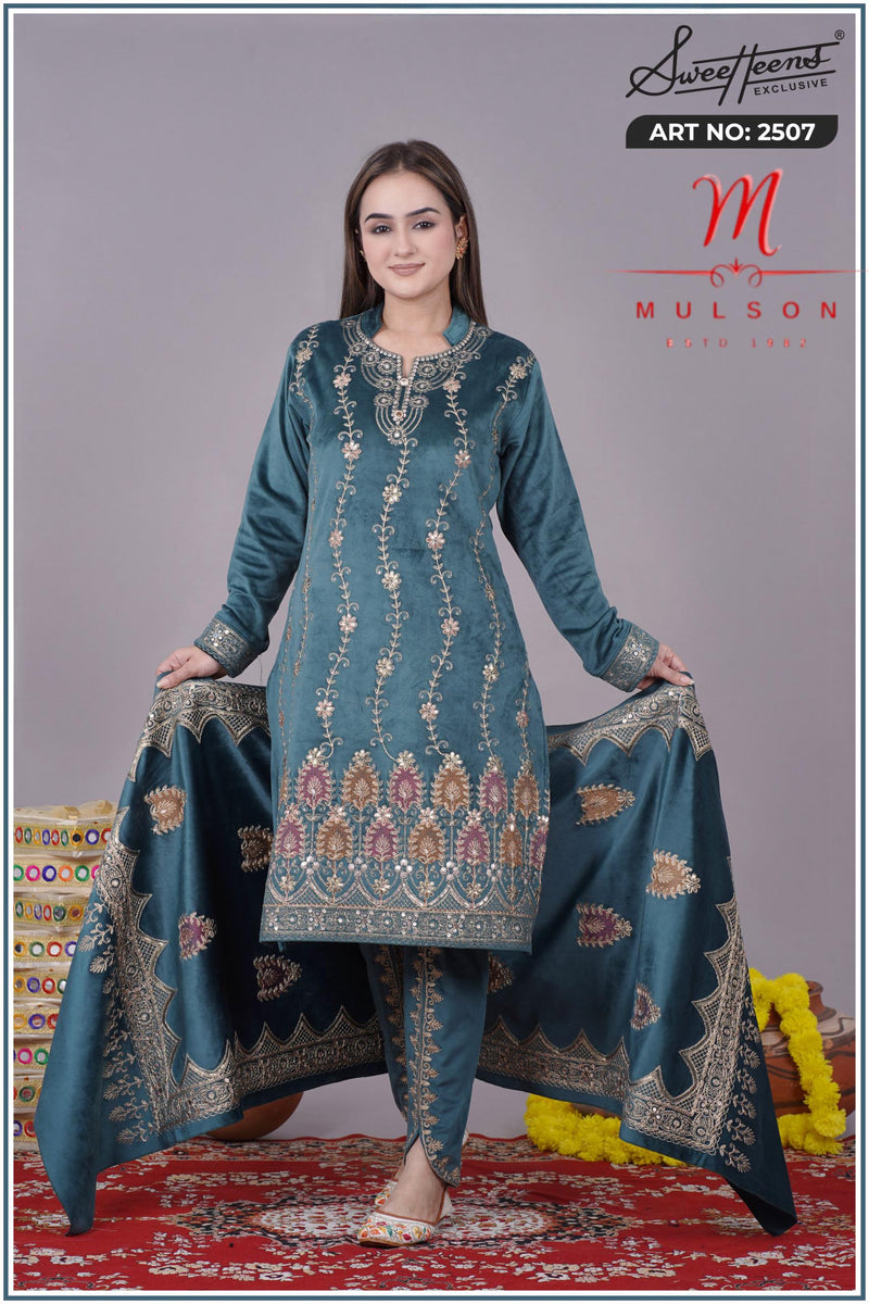Graceful embroidered velvet suit from Sweetteens Exclusive by Mulson — featuring intricate thread and zari work on kurta, dupatta, and pants, perfect for festive and wedding occasions.”