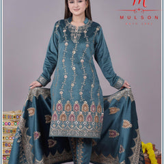 Graceful embroidered velvet suit from Sweetteens Exclusive by Mulson — featuring intricate thread and zari work on kurta, dupatta, and pants, perfect for festive and wedding occasions.”