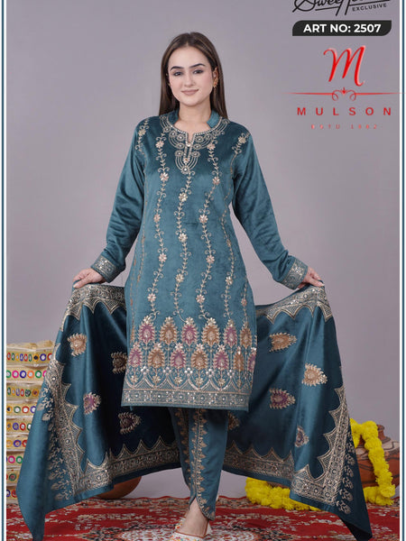 Graceful embroidered velvet suit from Sweetteens Exclusive by Mulson — featuring intricate thread and zari work on kurta, dupatta, and pants, perfect for festive and wedding occasions.”