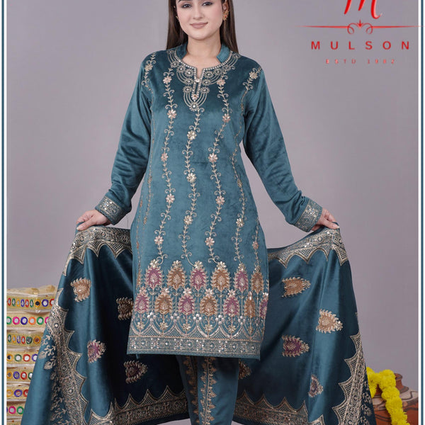 Graceful embroidered velvet suit from Sweetteens Exclusive by Mulson — featuring intricate thread and zari work on kurta, dupatta, and pants, perfect for festive and wedding occasions.”