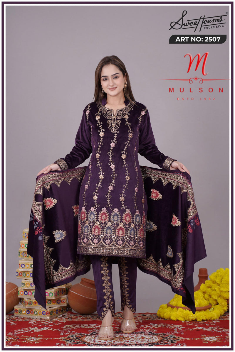 Graceful embroidered velvet suit from Sweetteens Exclusive by Mulson — featuring intricate thread and zari work on kurta, dupatta, and pants, perfect for festive and wedding occasions.”