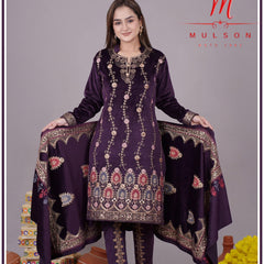 Graceful embroidered velvet suit from Sweetteens Exclusive by Mulson — featuring intricate thread and zari work on kurta, dupatta, and pants, perfect for festive and wedding occasions.”