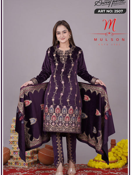 Graceful embroidered velvet suit from Sweetteens Exclusive by Mulson — featuring intricate thread and zari work on kurta, dupatta, and pants, perfect for festive and wedding occasions.”