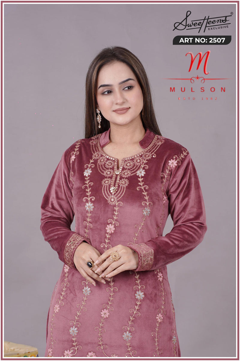 Graceful embroidered velvet suit from Sweetteens Exclusive by Mulson — featuring intricate thread and zari work on kurta, dupatta, and pants, perfect for festive and wedding occasions.”