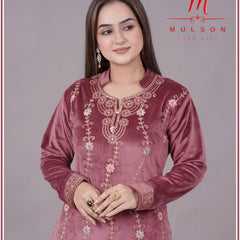 Graceful embroidered velvet suit from Sweetteens Exclusive by Mulson — featuring intricate thread and zari work on kurta, dupatta, and pants, perfect for festive and wedding occasions.”