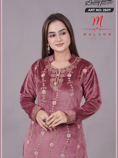 Graceful embroidered velvet suit from Sweetteens Exclusive by Mulson — featuring intricate thread and zari work on kurta, dupatta, and pants, perfect for festive and wedding occasions.”