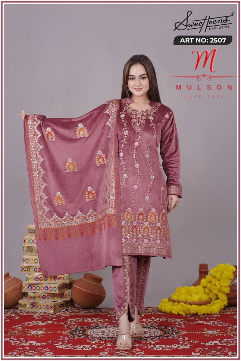 Graceful embroidered velvet suit from Sweetteens Exclusive by Mulson — featuring intricate thread and zari work on kurta, dupatta, and pants, perfect for festive and wedding occasions.”
