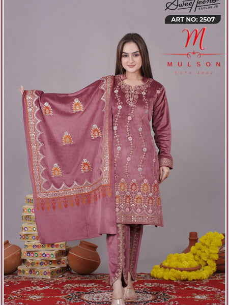 Graceful embroidered velvet suit from Sweetteens Exclusive by Mulson — featuring intricate thread and zari work on kurta, dupatta, and pants, perfect for festive and wedding occasions.”
