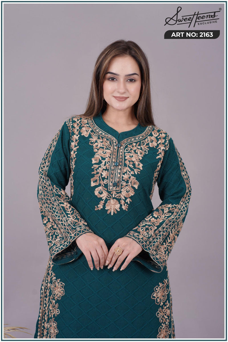 ELEGANT EMBROIDERY KURTI FROM SWEETTEENS EXCLUSIVE FEATURING INTRICATE GOLDEN THREAD WORK ON NECKLINE AND SLEEVES - A PERFECT BLEND OF GRACE AND STYLE FOR FESTIVE AND PARTY WEAR.SWT 2163.
