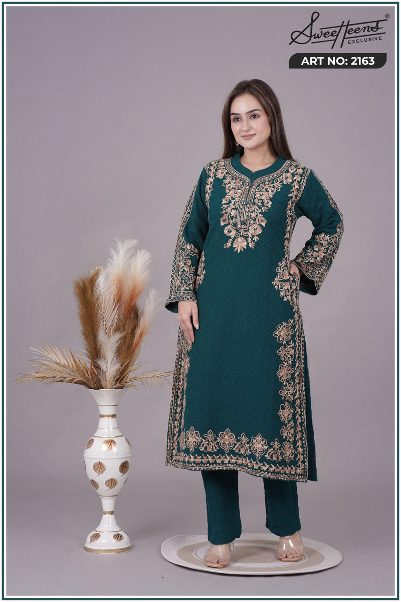 ELEGANT EMBROIDERY KURTI FROM SWEETTEENS EXCLUSIVE FEATURING INTRICATE GOLDEN THREAD WORK ON NECKLINE AND SLEEVES - A PERFECT BLEND OF GRACE AND STYLE FOR FESTIVE AND PARTY WEAR.SWT 2163.