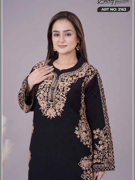ELEGANT EMBROIDERY KURTI FROM SWEETTEENS EXCLUSIVE FEATURING INTRICATE GOLDEN THREAD WORK ON NECKLINE AND SLEEVES - A PERFECT BLEND OF GRACE AND STYLE FOR FESTIVE AND PARTY WEAR.SWT 2163.