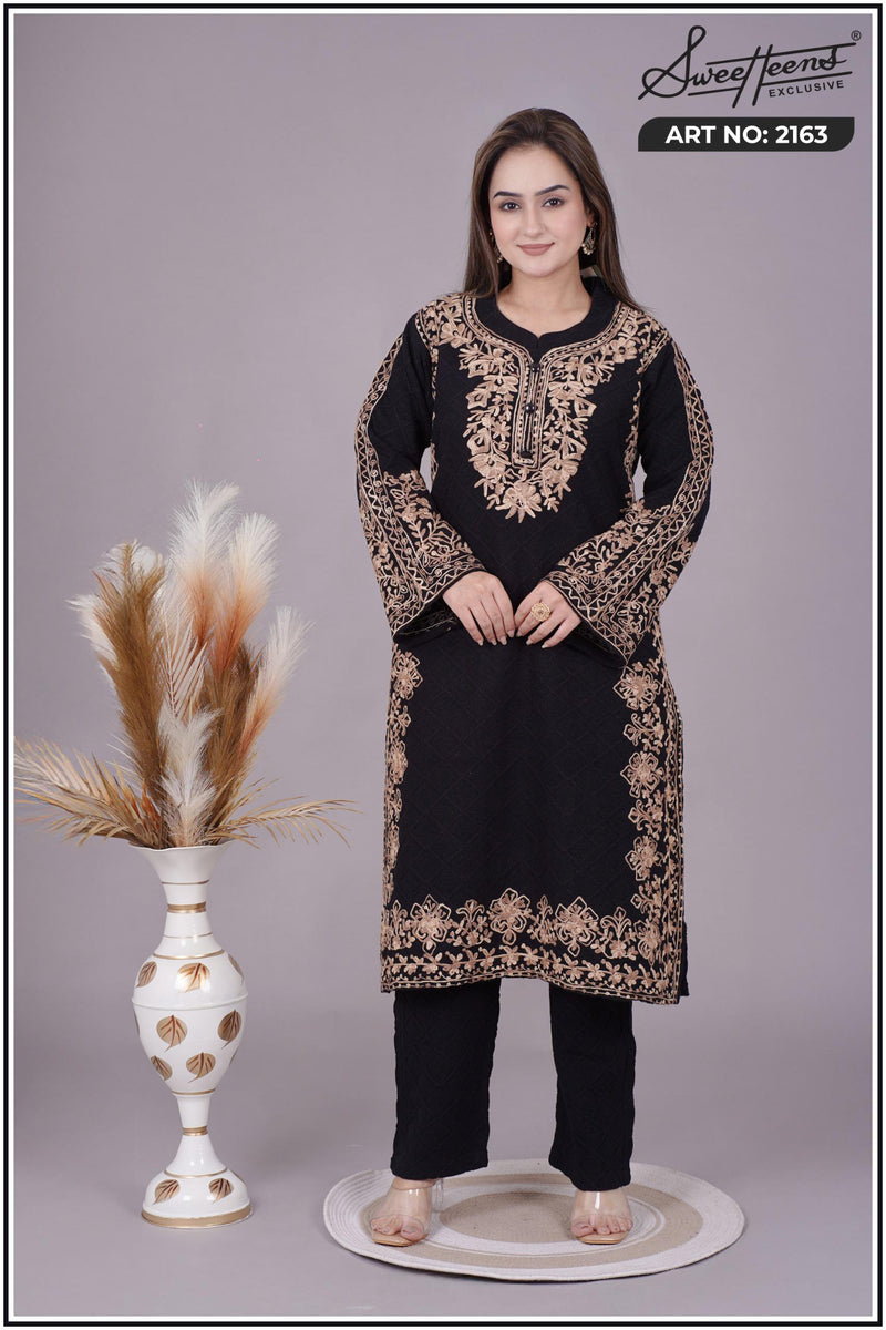 ELEGANT EMBROIDERY KURTI FROM SWEETTEENS EXCLUSIVE FEATURING INTRICATE GOLDEN THREAD WORK ON NECKLINE AND SLEEVES - A PERFECT BLEND OF GRACE AND STYLE FOR FESTIVE AND PARTY WEAR.SWT 2163.