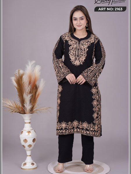 ELEGANT EMBROIDERY KURTI FROM SWEETTEENS EXCLUSIVE FEATURING INTRICATE GOLDEN THREAD WORK ON NECKLINE AND SLEEVES - A PERFECT BLEND OF GRACE AND STYLE FOR FESTIVE AND PARTY WEAR.SWT 2163.
