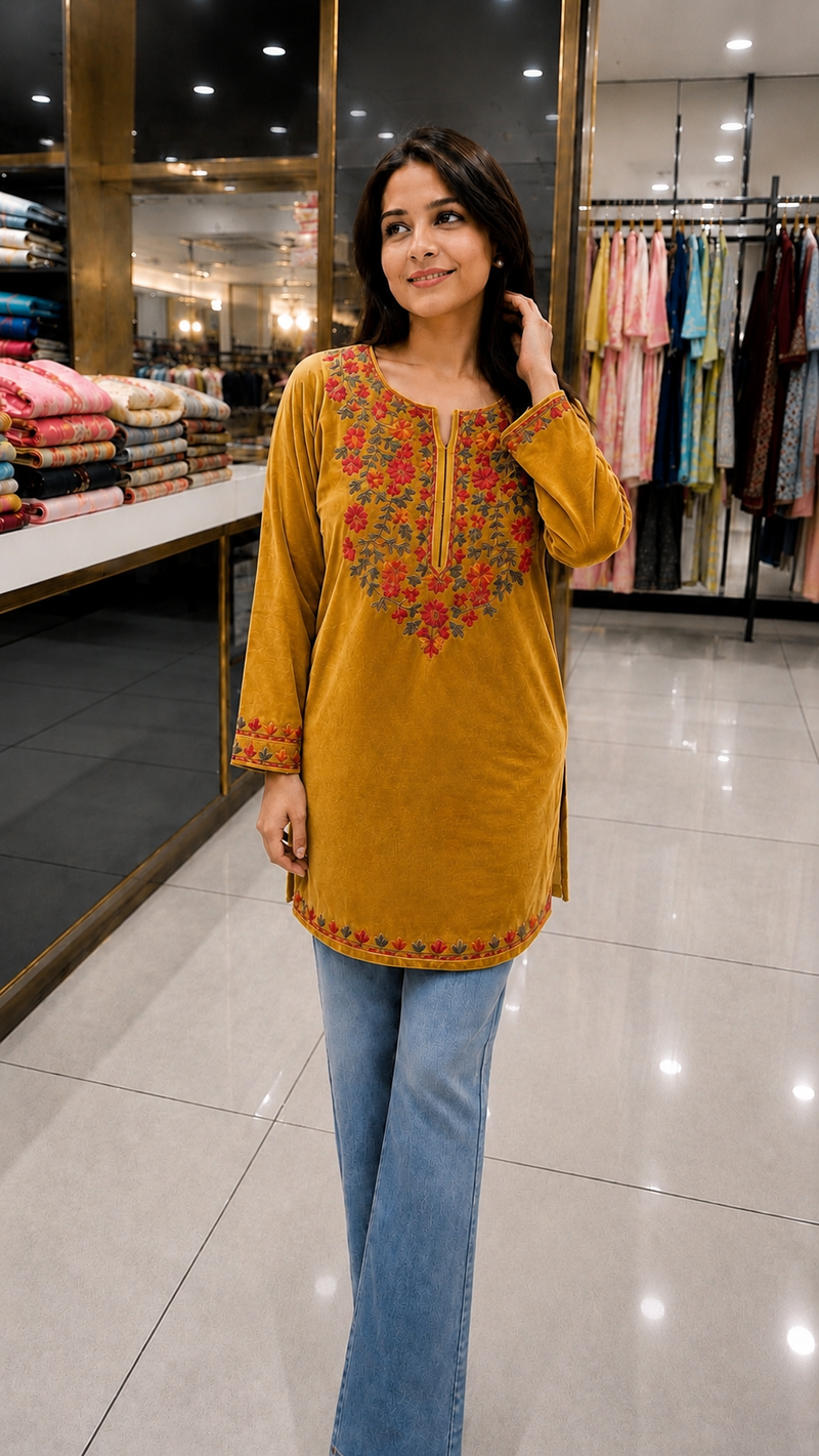 Women’s Mustard Yellow Floral Embroidered Straight Kurta