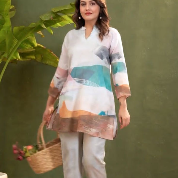 Printed Kurti & Pants Set Mulson Pastel Abstract Printed Kurti & Pants Set
