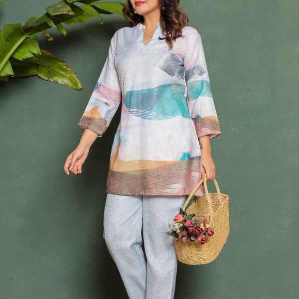 Printed Kurti & Pants Set Mulson Pastel Abstract Printed Kurti & Pants Set