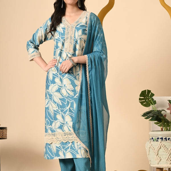 Women Cotton kurta Mulson Teal Blue Flower print