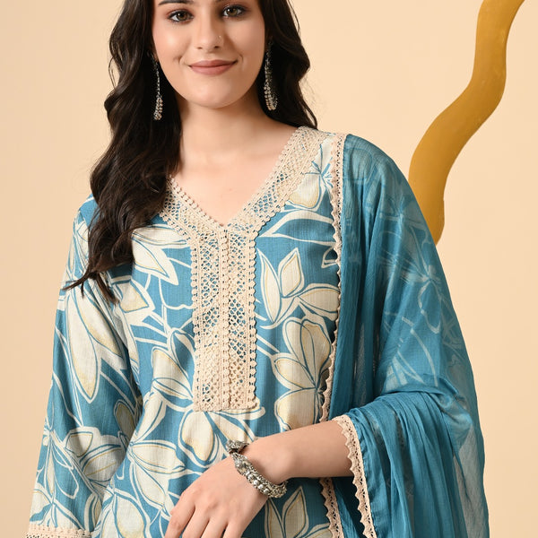 Women Cotton kurta Mulson Teal Blue Flower print