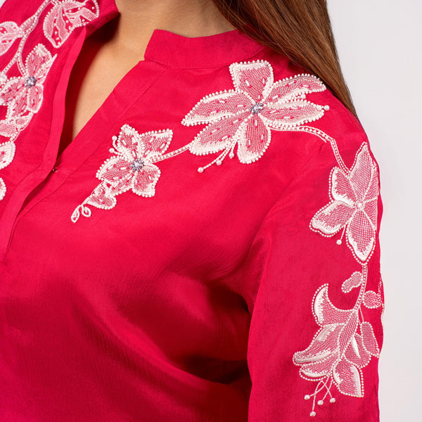 Red kurta set with white embroidery For Women