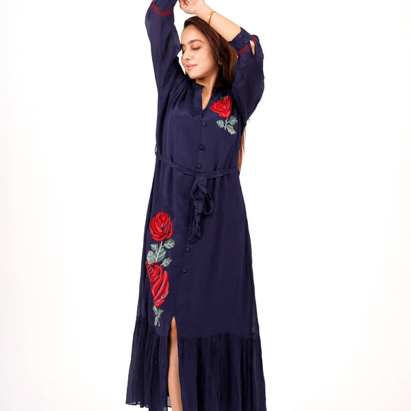 Navy Blue Rose Embroidered Maxi Dress