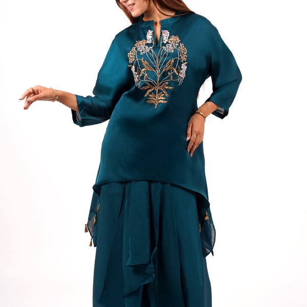 Teal Embroidered kurta With Dhoti Set