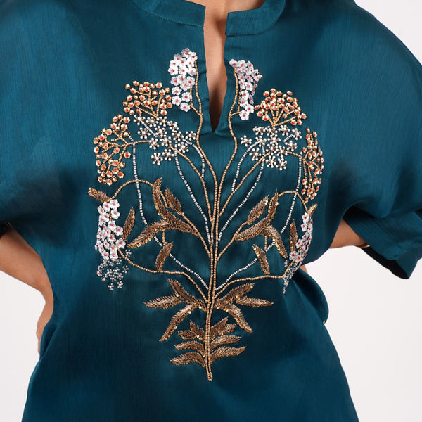 Teal Embroidered kurta With Dhoti Set