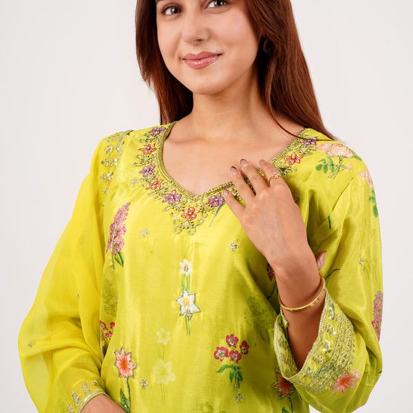 Lime Green Floral Kurta Palazzo Set For Women