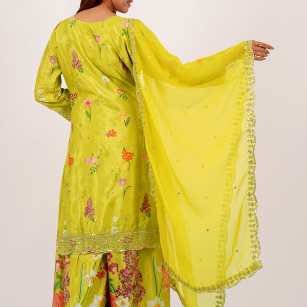 Lime Green Floral Kurta Palazzo Set For Women