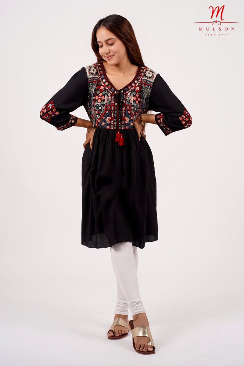 Black Boho Embroidered Short Kurti