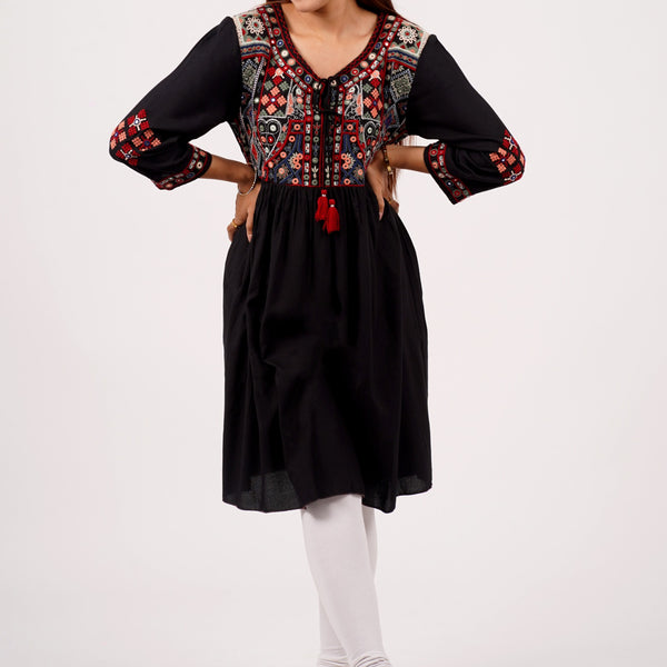 Black Boho Embroidered Short Kurti