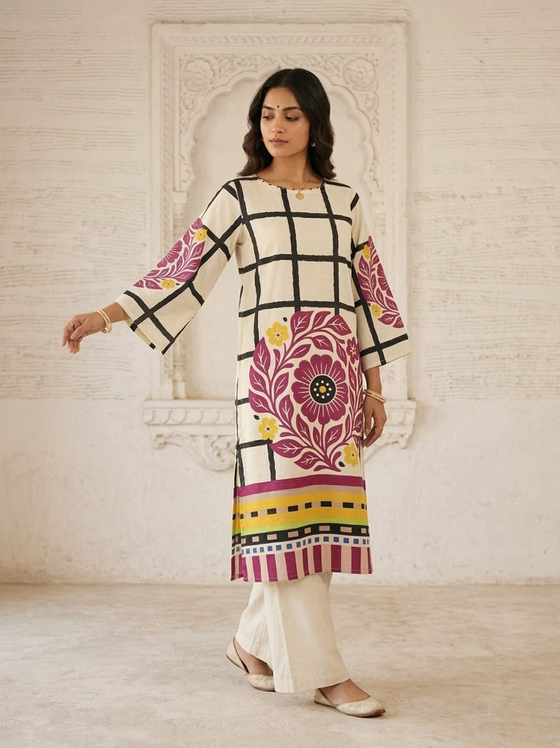 Mulson Checkered Bloom Kurta Set – Rust Red, Berry Pink , Olive Green.