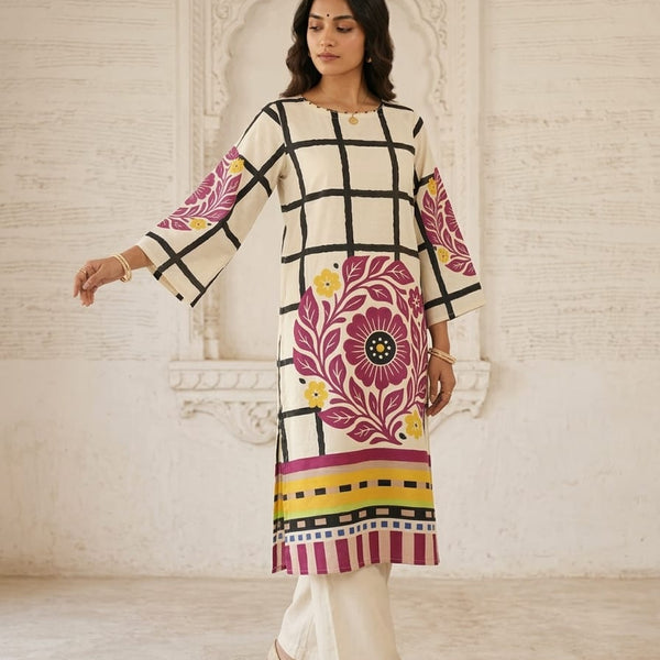 Mulson Checkered Bloom Kurta Set – Rust Red, Berry Pink , Olive Green.