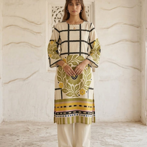 Mulson Checkered Bloom Kurta Set – Rust Red, Berry Pink , Olive Green.