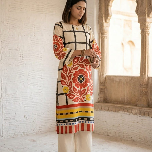 Mulson Checkered Bloom Kurta Set – Rust Red, Berry Pink , Olive Green.