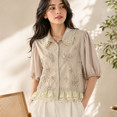 Women’s Floral Embroidered Cotton Shirt | Peter Pan Collar Puff Sleeve Casual Top