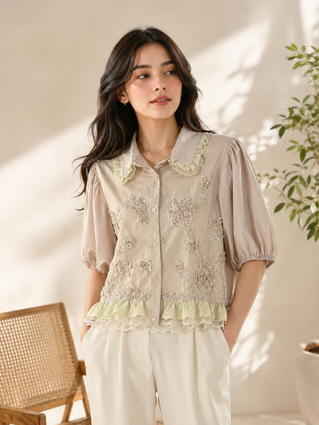Women’s Floral Embroidered Cotton Shirt | Peter Pan Collar Puff Sleeve Casual Top