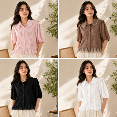 Women’s Floral Embroidered Cotton Shirt | Peter Pan Collar Puff Sleeve Casual Top