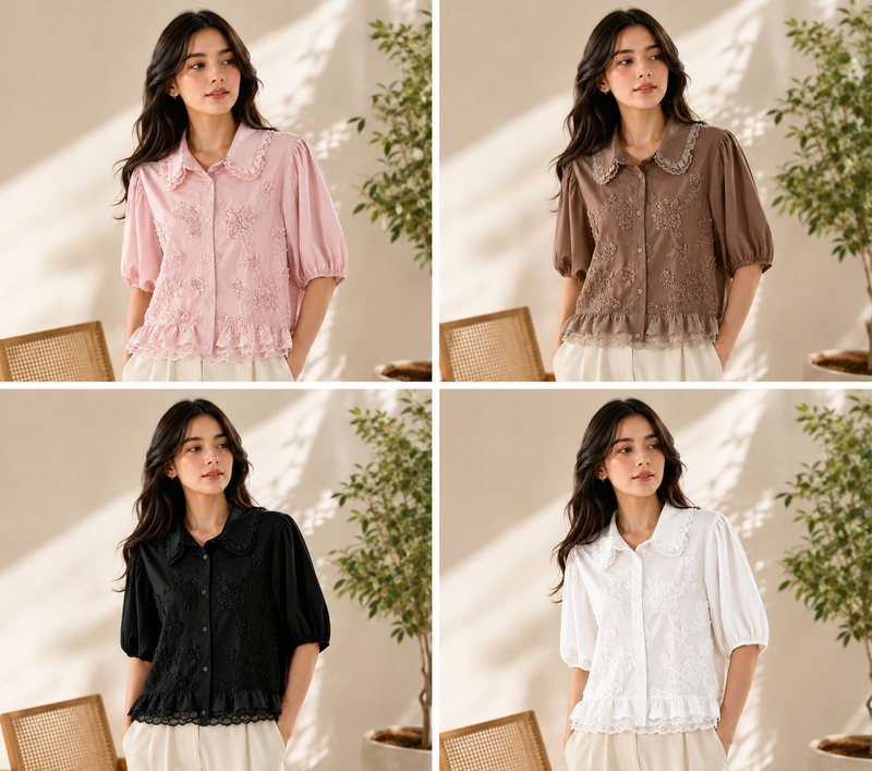 Women’s Floral Embroidered Cotton Shirt | Peter Pan Collar Puff Sleeve Casual Top