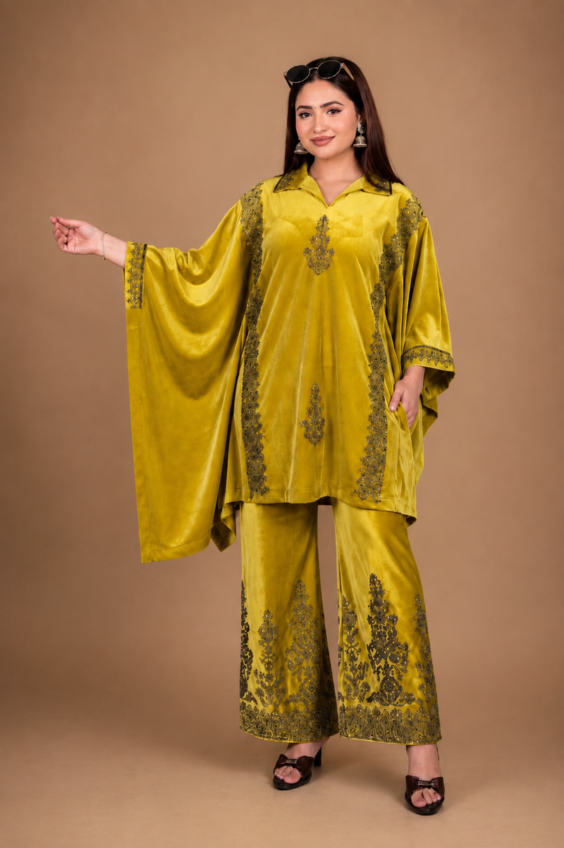 Royal Wine Velvet Embroidered Kaftan Co-ord Set