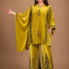 Royal Wine Velvet Embroidered Kaftan Co-ord Set