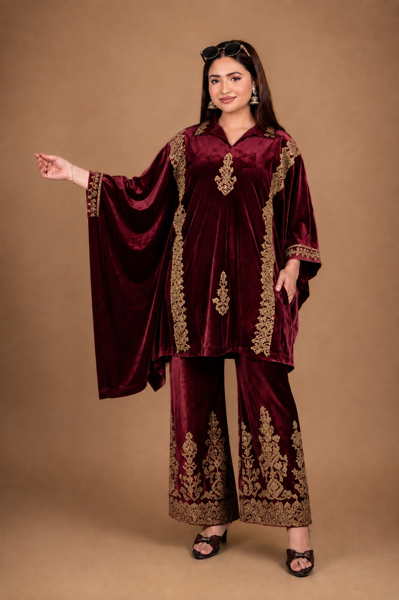 Royal Wine Velvet Embroidered Kaftan Co-ord Set