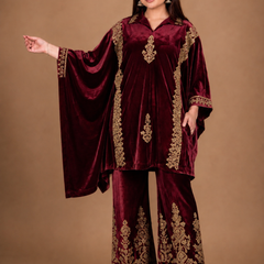 Royal Wine Velvet Embroidered Kaftan Co-ord Set