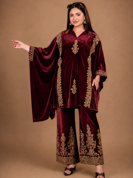 Royal Wine Velvet Embroidered Kaftan Co-ord Set